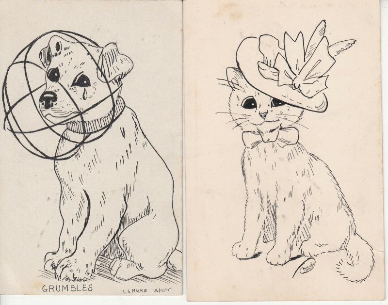 S. S. Mackie artist signed drawn grumbles dog & cat c 1915 postcards x 2