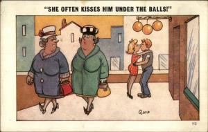 Sexual Innuendo - Couple Kissing Under Balls Comic Postcard