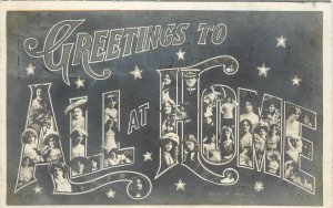 c1906 RPPC Postcard Large Letter Greetings to All at Home, Women's Faces