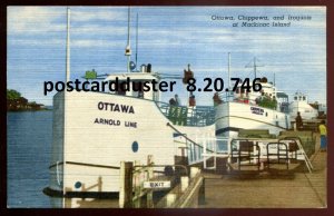 h4019- MACKINAC ISLAND Michigan Postcard 1940s Steamers OTTAWA Chippewa IROQUOIS