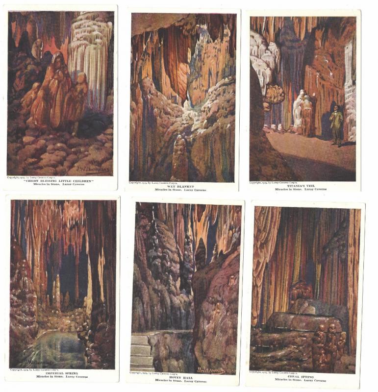 VA Luray Caverns Paintings by J W Hawkins Set of 6 Vintage 1909 Postcard