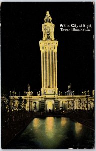 VINTAGE POSTCARD THE WHITE CITY TOWER ILLUMINATED AT NIGHT CHICAGO ILLINOIS 1910