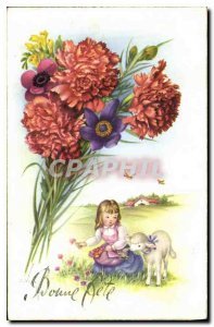 Old Postcard Bonne Fete Children Flowers