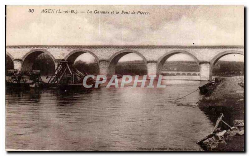 Old Postcard Agen La Garonne and the stone bridge