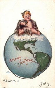 Vintage Postcard 1906 A Happy New Year Greetings Card Little Boy World Globe