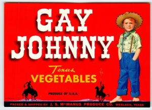 Gay Johnny Texas Vegetables Label Vintage 1950s Original John Boy In Cowboy Hat