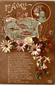 Postcard French April Fool Poisson D'avril - poem with fish and girl in portrait