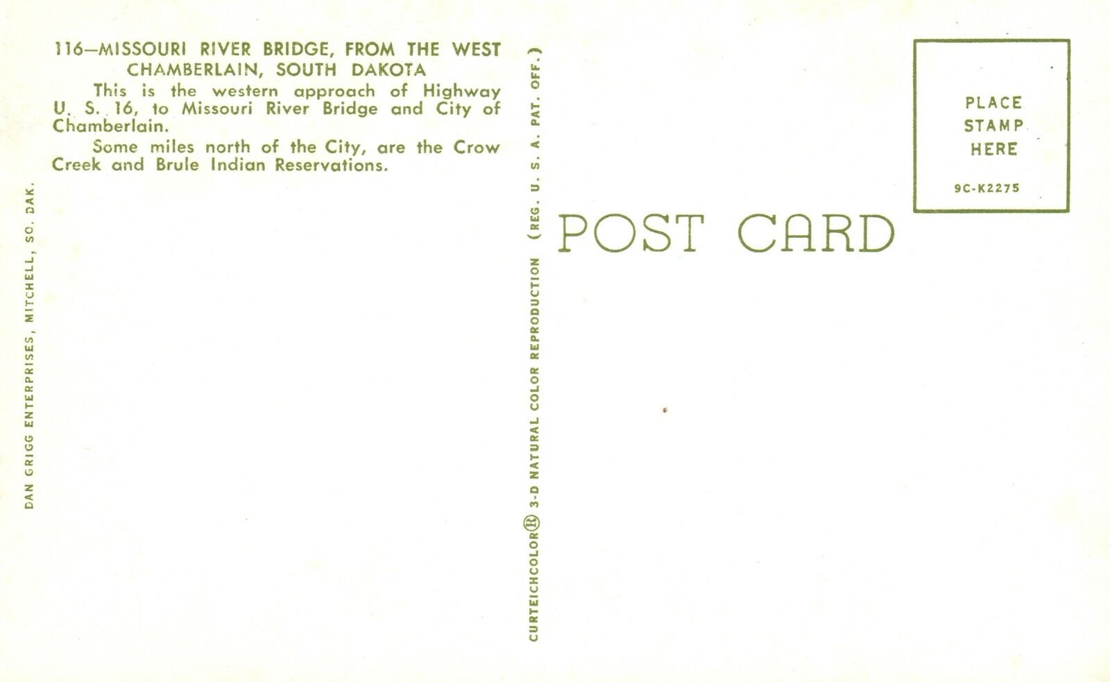 Vintage Postcard Missouri River Bridge From West Chamberlain South