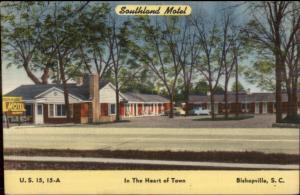 Bishopville SC Southland Motel Linen Postcard ROUTE 15 & 15A