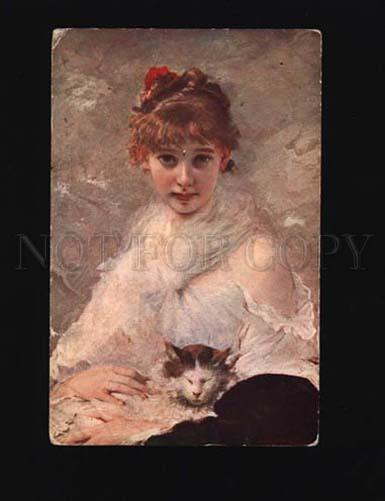 000449 5BELLE Girl w/ PUSSY CAT by Charles CHAPLIN vintage PC