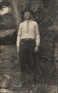 Man in Hat Tie in Nature - Sundance WY Wyoming c1910 Real Photo Postcard