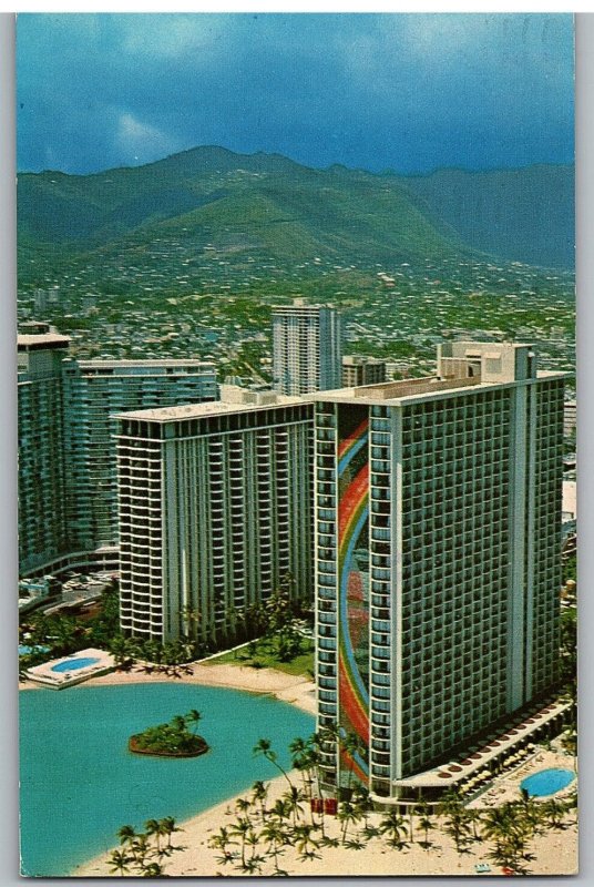 Rainbow Tower Mural Hilton Hawaiian Village Hotel Lagoon Hawaii Postcard  1985