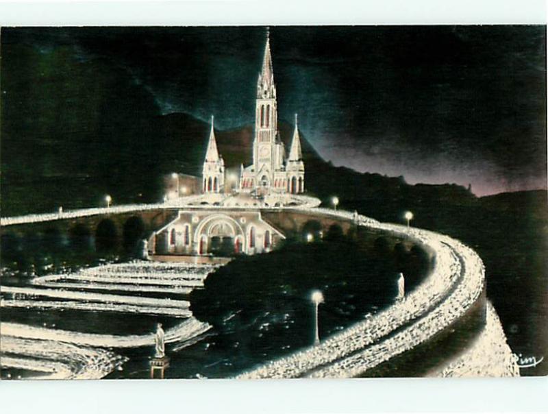 Vintage Post Card Lourdes Night Scene Basilic Candlestick Progression # 3710