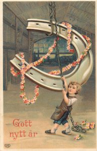 Happy New Year embossed luck horseshoe drawn blacksmith fantasy postcard Sweden