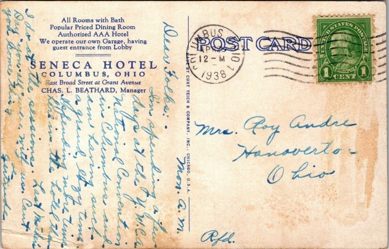 1938 Hotel Seneca Columbus Ohio East of Memorial Hall Vintage Postcard  