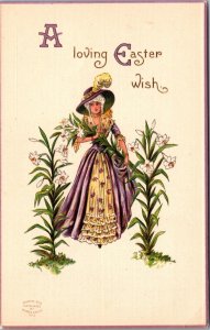 Easter Postcard Beautifully Dressed Woman Picking Easter Lily Flowers