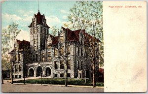 Greenfield Indiana IN, 1908 High School Bldg, Street, Trees, Vintage Postcard
