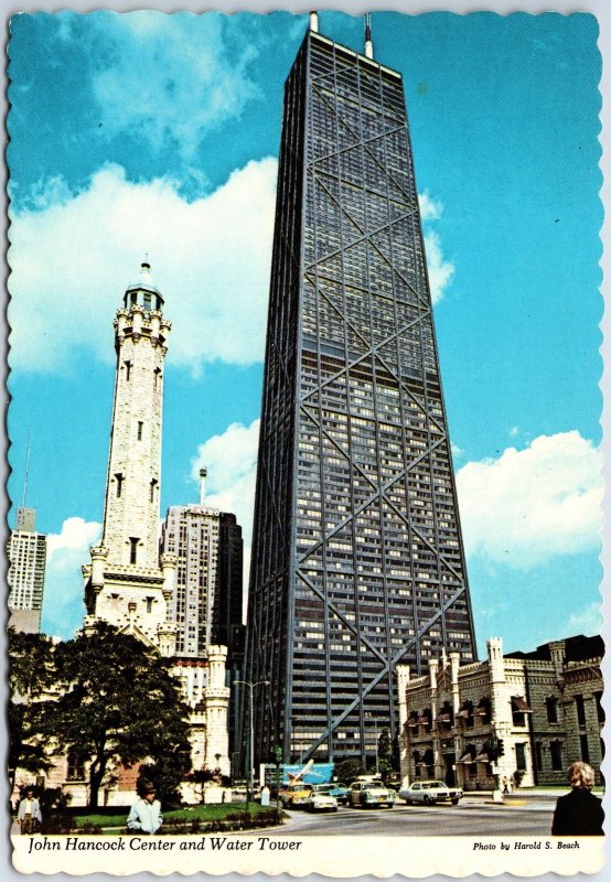 VINTAGE CONTINENTAL SIZE POSTCARD JOHN HANCOCK CENTER & WATER TOWER CHICAGO 1965