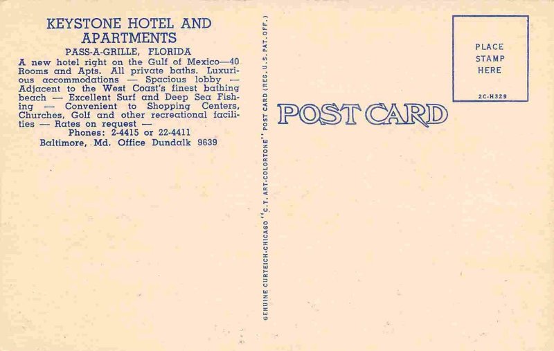 Keystone Hotel Apartments Pass-A-Grille Florida linen postcard