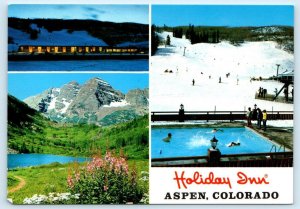 ASPEN, Colorado CO ~ Roadside HOLIDAY INN Hotel Pool & Skiers 4x6 Postcard
