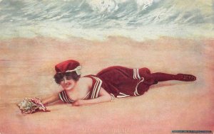 USA BEACH GIRL SWIMSUIT SHELL SECRETS OF THE SEA POSTCARD (1906)