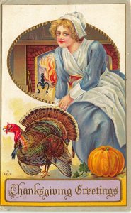 Thanksgiving Greeting Beautiful Woman Turkey Embossed Postcard