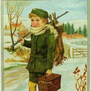 1870's-80's Boy Snow Dead Rabbits Hunting Lovely Christmas Victorian Card *B