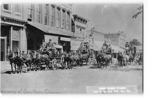 Stagecoaches Street Scene RPPC Ashland Drug Store Oregon 1950s Vintage Postcard