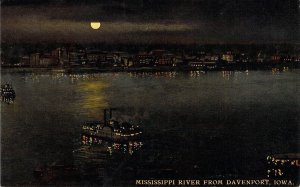 c.'09, Night Scene On The Mississippi River,Davenport IA,Old Post Card