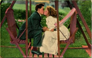 Vtg Victorian Postcard Romance Kissing On Swing I'm For You If You're For Me UNP