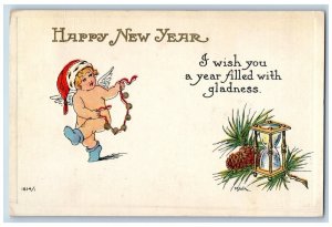 New Year Postcard Angel Cherub Santa Hat Pinecone Hourglass Embossed c1910's