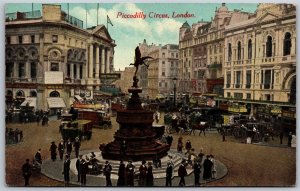 Vtg London England Piccadilly Circus Fountain Street View 1910s Old Postcard