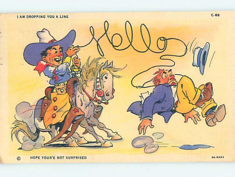 Linen old west comic COWBOY ON HORSE SPELLS HELLO WITH ROPE o7876