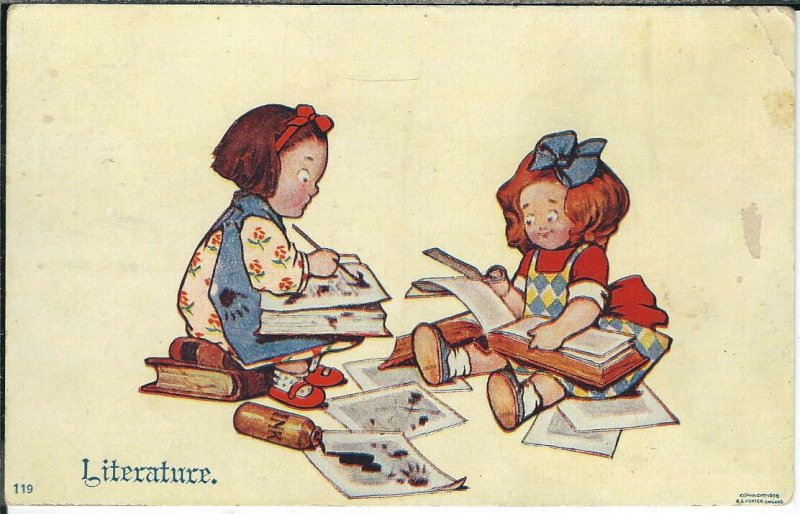 BA-451 Literature, Two Girls Destroying Books, 1907-1915 Golden Age Postcard