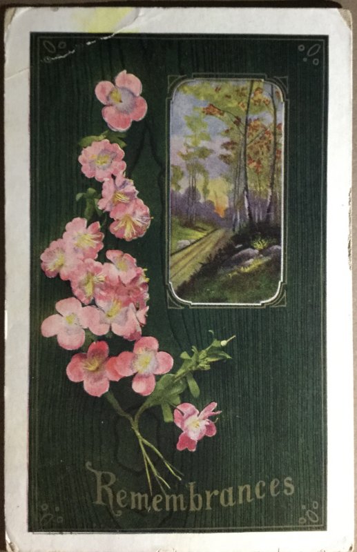 Antique Postcard Remembrances Pink Country Rose Woodland Scene Greeting