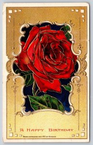 Heymann~Happy Birthday~Deep Red Rose On Black & Gold Bk~c1910 Vintage Postcard