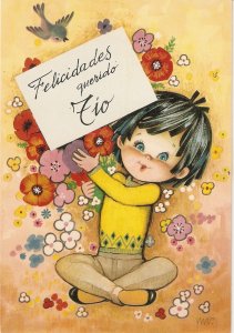 Little Girl.Flowers.Bird. Felicidades querido Tio  Modern Spanish Greetings PC