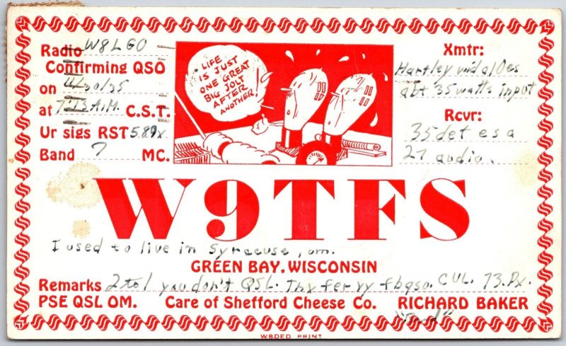 1935 QSL Radio Card Code W9TFS Green Bay WI Amateur Station Posted Postcard