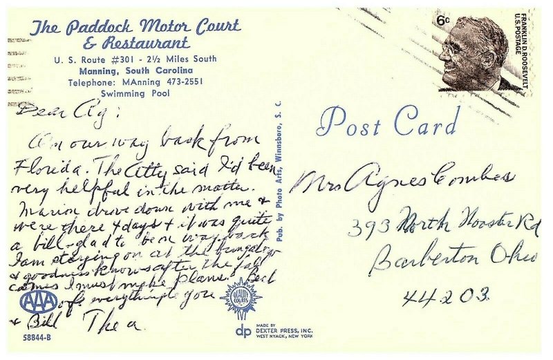 Paddock Motor Court & Restaurant US 301 Manning SC Dexter 58844-B Postcard