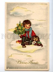 245394 NEW YEAR Boy w/ TERRIER Dog & TREE old Colorful PC