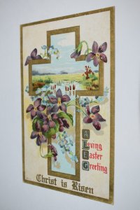 Loving Easter Greeting Christ Is Risen Gold Cross Spring Scene Postcard 5111
