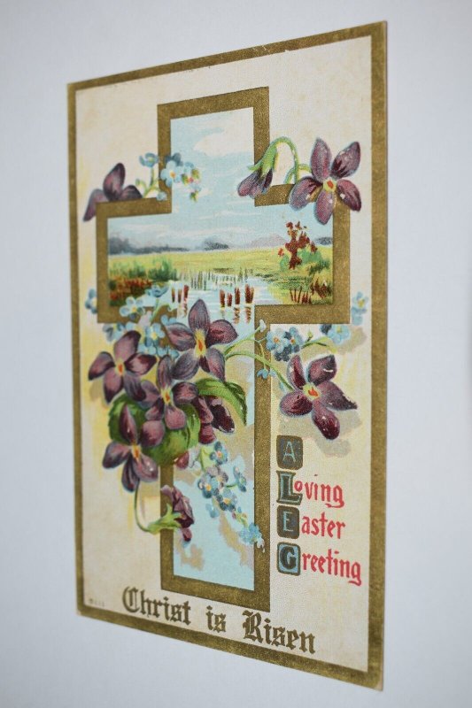 Loving Easter Greeting Christ Is Risen Gold Cross Spring Scene Postcard 5111
