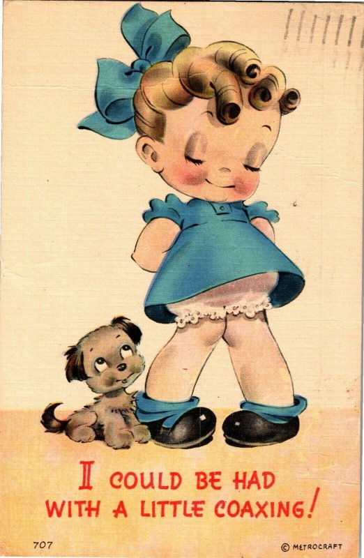 Shy Girl with Puppy, I Could Be Had with Coaxing c1949 Vintage Postcard D14