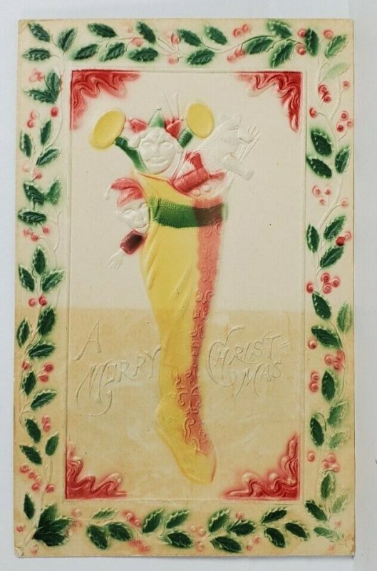 Christmas Stocking Airbrushed 1909 Sylva Kansas to Santa Cruz Cali Postcard T10