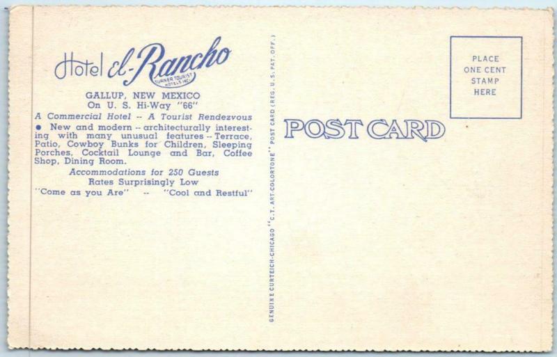 GALLUP, New Mexico NM  ROUTE 66 Roadside HOTEL EL RANCHO c1940s Linen  Postcard