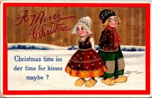 Dutch Couple Christmas Kisses Maybe? Postcard Embossed Gold Gel SB DB