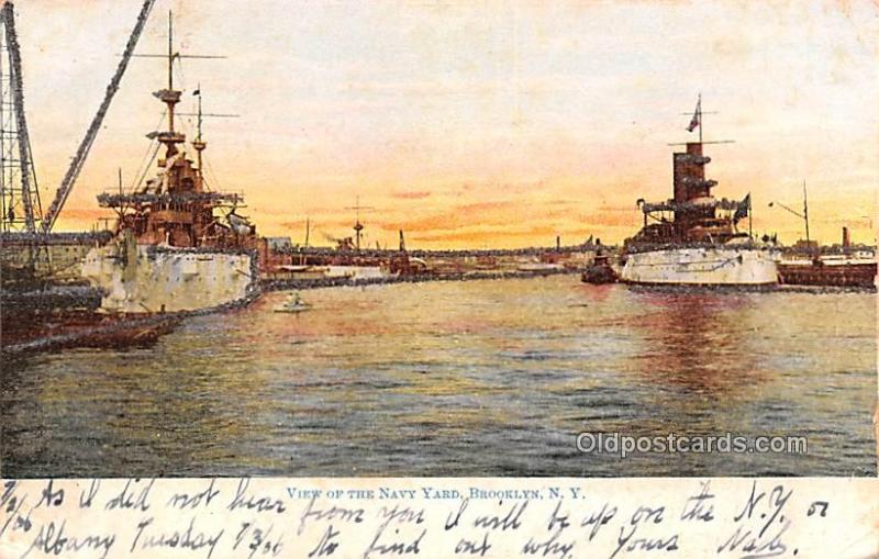 View of the Navy Yard Brooklyn, NY USA Military Battleship 1906 crease right ...