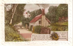 Village road with cart horse. Birthday Message Old vintage English Birthday po