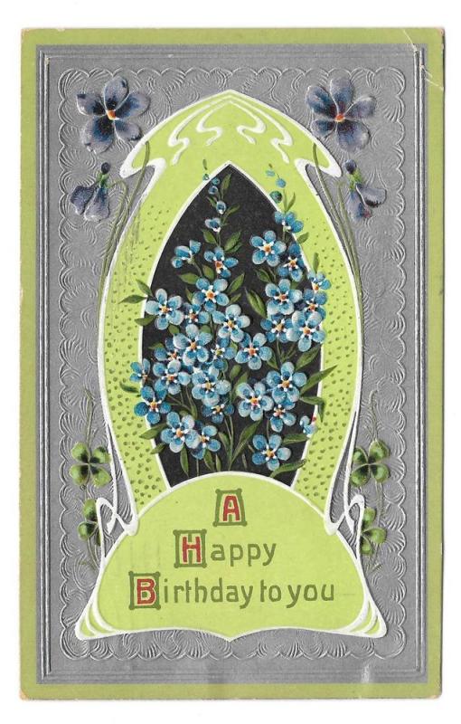 Happy Birthday Forget Me Not Silver Background 1909 Postcard