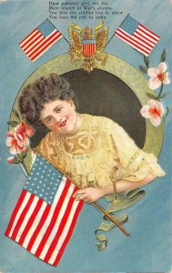 MILITARY OLD GLORY WOMAN FLAG PATRIOTIC EMBOSSED POSTCARD (c. 1910)